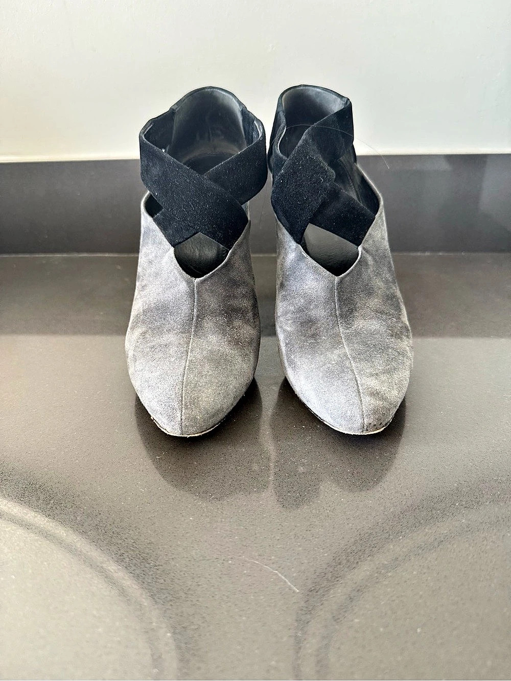 Prada Gray & Black Ankle Strap Heels